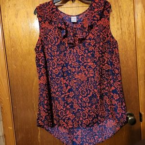 Navy and red floral sleeveless blouse with ruffled collar